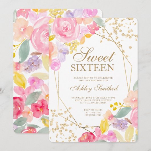 Gold glitter pastel floral waterverf Sweet 16 Kaart (Voorkant / Achterkant)
