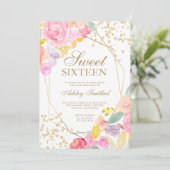 Gold glitter pastel floral waterverf Sweet 16 Kaart (Staand voorkant)
