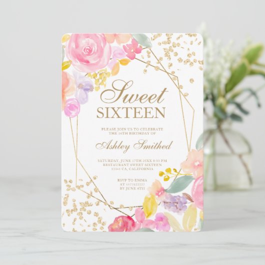 Gold glitter pastel floral waterverf Sweet 16 Kaart (Staand voorkant)