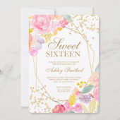 Gold glitter pastel floral waterverf Sweet 16 Kaart (Voorkant)