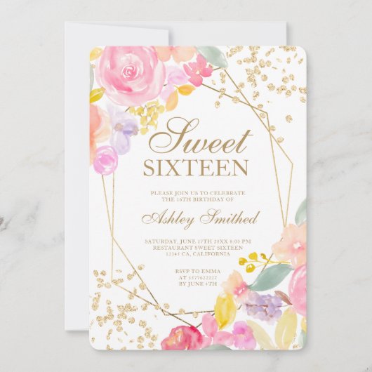 Gold glitter pastel floral waterverf Sweet 16 Kaart (Voorkant)