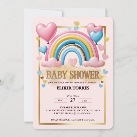Gold Glitter Pastel Hearts en Rainbow Baby shower Kaart (Voorkant)
