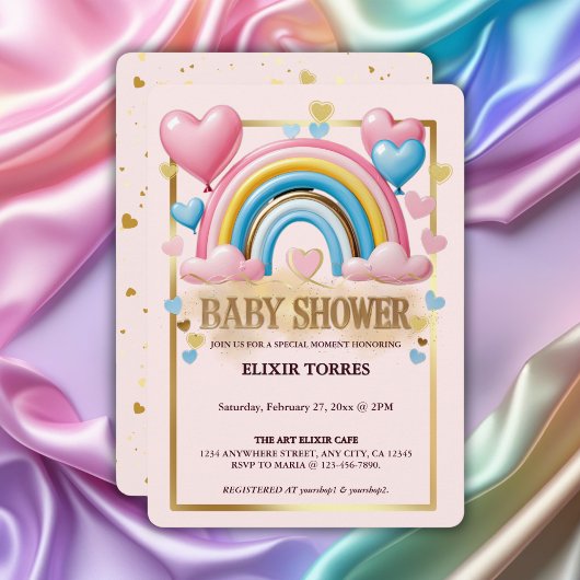 Gold Glitter Pastel Hearts en Rainbow Baby shower Kaart