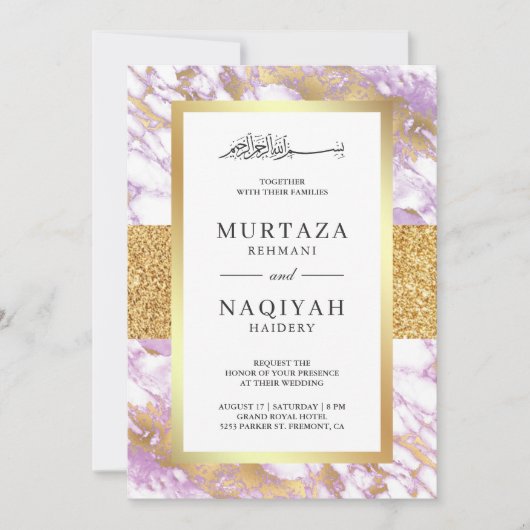 Gold Glitter Pastel Lavender Marble Muslim Wedding Kaart (Voorkant)