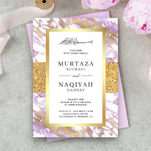 Gold Glitter Pastel Lavender Marble Muslim Wedding Kaart