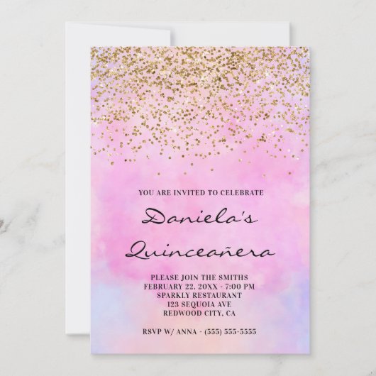 Gold Glitter Pastel Pink Waterverf Quinceañera Kaart (Voorkant)