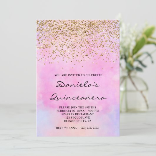 Gold Glitter Pastel Pink Waterverf Quinceañera Kaart (Staand voorkant)