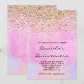 Gold Glitter Pastel Pink Waterverf Quinceañera Kaart (Voorkant / Achterkant)