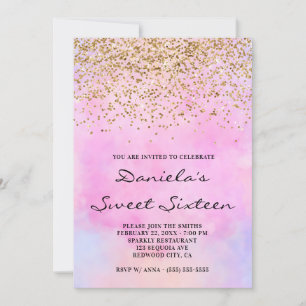 Gold Glitter Pastel Pink Waterverf Sweet Sixteen Kaart
