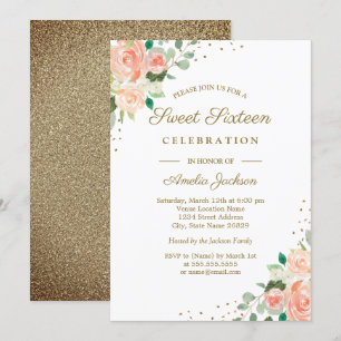 Gold Glitter Peach Floral Sweet Sixteen Invite Kaart