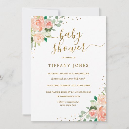 Gold Glitter Perzik Bloemen Meisje Baby shower Uit Kaart (Voorkant)