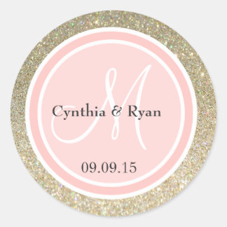 Gold Glitter & Petal Pink Weddenschap Monogram Ronde Sticker
