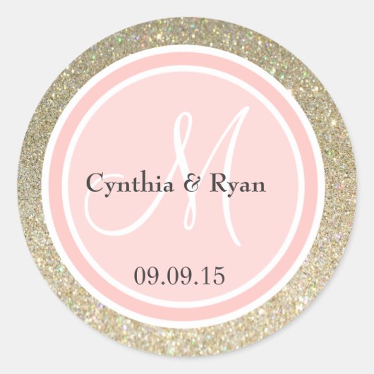 Gold Glitter & Petal Pink Weddenschap Monogram Ronde Sticker (Voorkant)