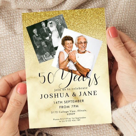 Gold Glitter Photo 50th Wedding Anniversary Kaart