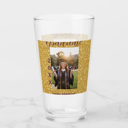 Gold glitter photo graduation add name class text glas (Voorkant)