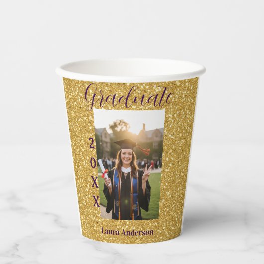 Gold glitter photo graduation add name class text papieren bekers (Voorkant)