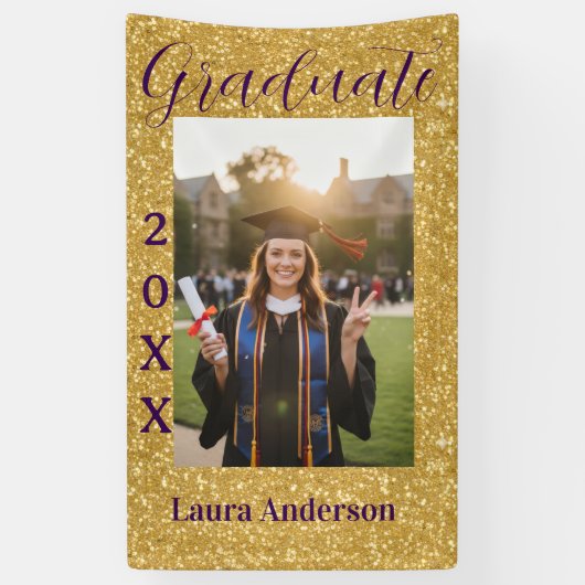 Gold glitter photo graduation add name class text spandoek (Verticaal)