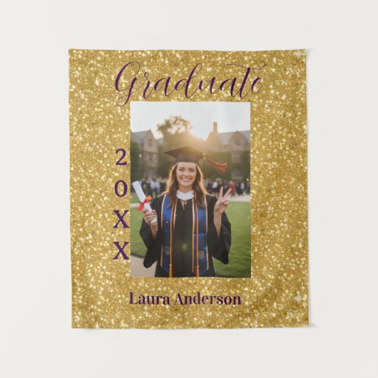 Gold glitter photo graduation add name class text wandkleed (Voorkant)