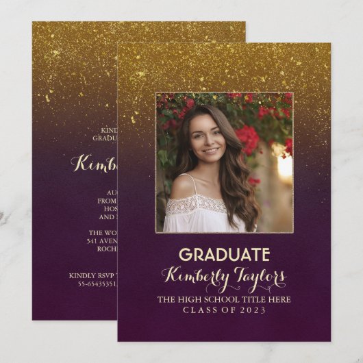 Gold Glitter Photo Graduation Party aankondiging (Voorkant / Achterkant)