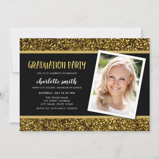 Gold Glitter Photo Graduparty Invitation Kaart (Voorkant)