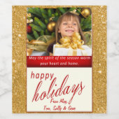 Gold Glitter Photo Holiday Decor Wijn Etiket (Enkel label)