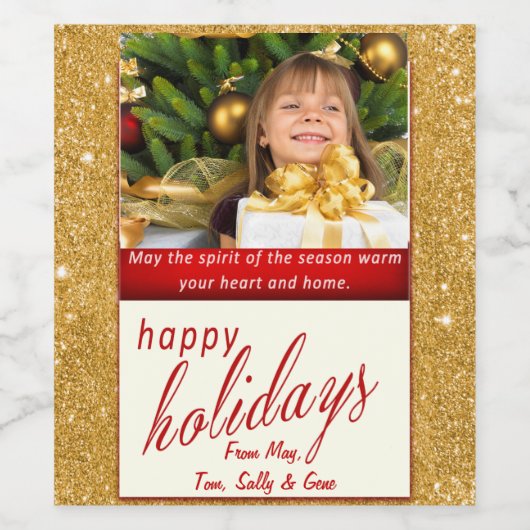 Gold Glitter Photo Holiday Decor Wijn Etiket (Enkel label)