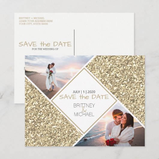 Gold Glitter Photo Save the Date Briefkaart (Voorkant / Achterkant)