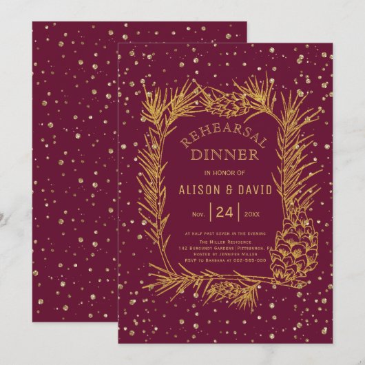 Gold glitter pine burgundy winter repetitief diner kaart (Voorkant / Achterkant)