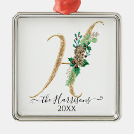 Gold Glitter Pine Cone Holly Kerstmonogram H Metalen Ornament