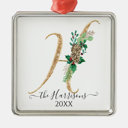 Gold Glitter Pine Cone Holly Kerstmonogram H Metalen Ornament (Voorkant)