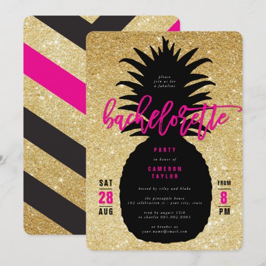 Gold Glitter Pineapple Bachelorette Party Invite Kaart (Voorkant / Achterkant)