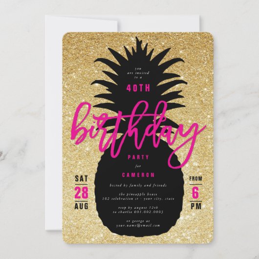 Gold Glitter Pineapple Chic Birthday Party Invite Kaart (Voorkant)
