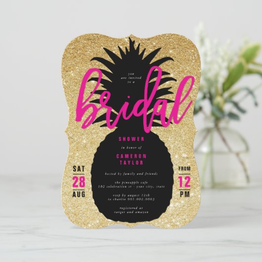 Gold Glitter Pineapple Chic Vrijgezellenfeest Invi Kaart (Staand voorkant)