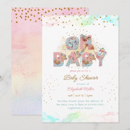 Gold Glitter Pink Blue Lovely Girl Baby shower Kaart (Voorkant / Achterkant)