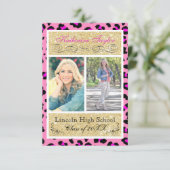 Gold Glitter Pink Cheetah 3x5 Afstudeerder Aankond Kaart (Staand voorkant)