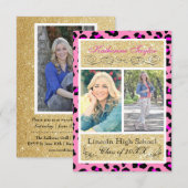Gold Glitter Pink Cheetah 3x5 Afstudeerder Aankond Kaart (Voorkant / Achterkant)