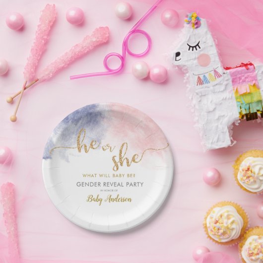 Gold Glitter Pink & Donkerblauw Geslacht onthullen Papieren Bordje (Feest)