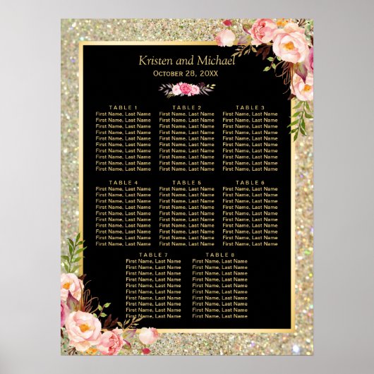 Gold Glitter Pink Floral 8 Tabellen Zetel Poster (Voorkant)