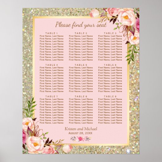 Gold Glitter Pink Floral 9 Tabellen Zitdiagram Poster (Voorkant)