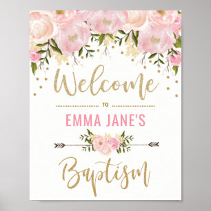 Gold Glitter Pink Floral Baptism Welcome Sign Poster