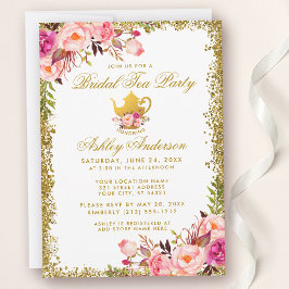 Gold Glitter Pink Floral Bridal Tea Party nodigt u Kaart