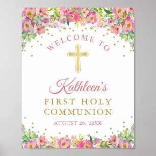 Gold Glitter Pink Floral First Heilige Communie Poster