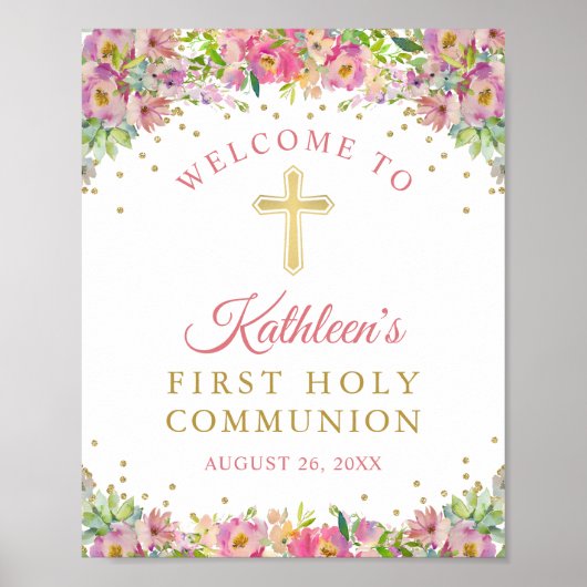 Gold Glitter Pink Floral First Heilige Communie Poster (Voorkant)