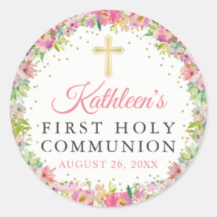 Gold Glitter Pink Floral First Heilige Communie Ronde Sticker