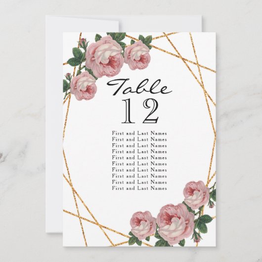 Gold Glitter Pink Floral Geo Table Number Aankondiging (Voorkant)