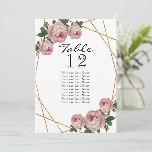 Gold Glitter Pink Floral Geo Table Number Aankondiging (Staand voorkant)