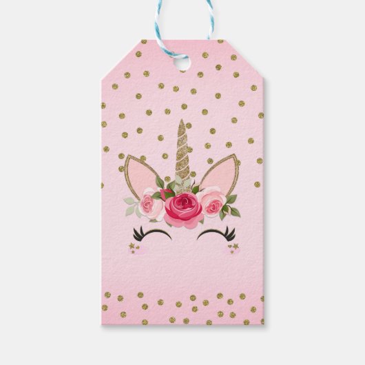 Gold Glitter & Pink Floral Unicorn Birthday Party Cadeaulabel (Voorkant)