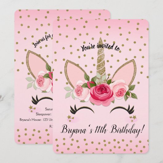 Gold Glitter & Pink Floral Unicorn Birthday Party Kaart (Voorkant / Achterkant)