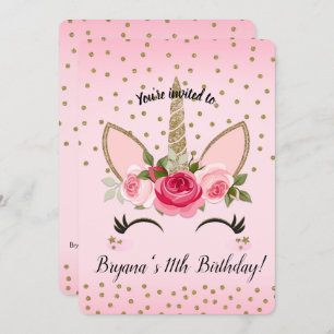 Gold Glitter & Pink Floral Unicorn Birthday Party Kaart