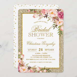 Gold Glitter Pink Floral Vrijgezellenfeest Invite Kaart